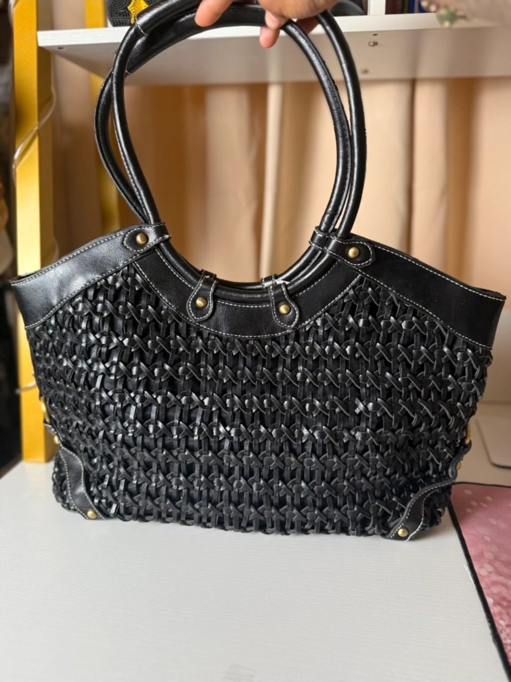 Coldwater Creek Classic Black Woven Tote Bag